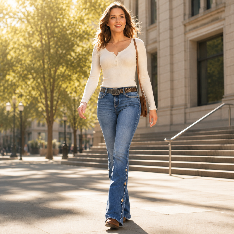 Jean flare délavé taille haute pour femme