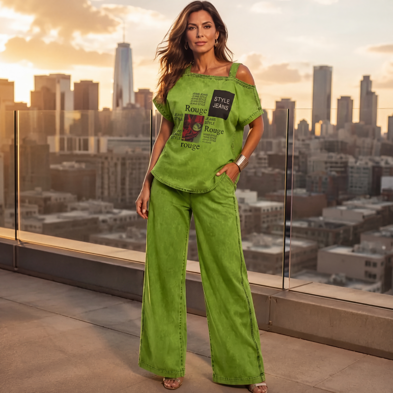 Ensemble haut épaules dénudées et pantalon large pour femme