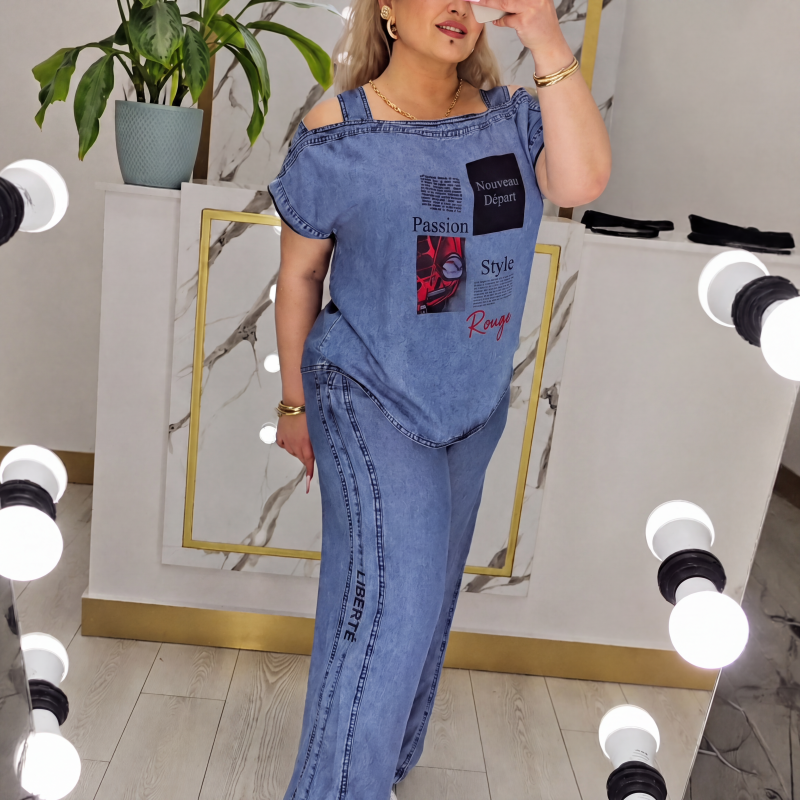 Ensemble haut épaules dénudées et pantalon large pour femme