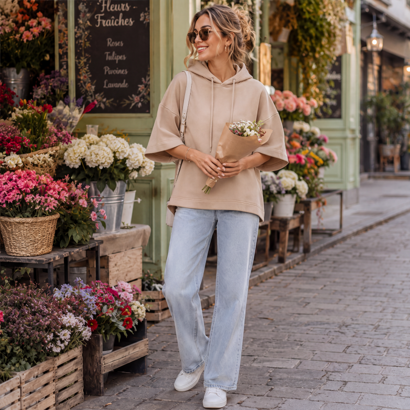 Sweat à capuche décontracté pour femme, coupe ample et manches larges