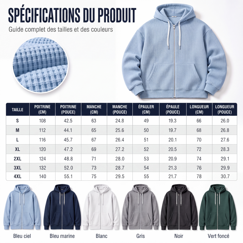 Sweat à capuche en maille gaufrée à fermeture éclair intégrale pour homme