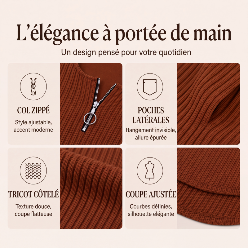 Robe en maille côtelée avec fermeture éclair sur le devant pour femme