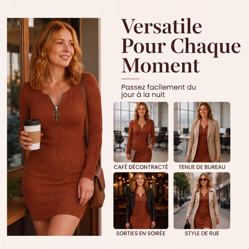 Robe en maille côtelée avec fermeture éclair sur le devant pour femme