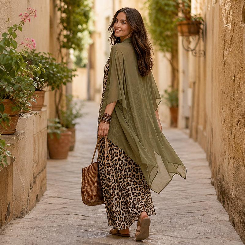 Ensemble robe longue fluide chic et cache-maillot pour femme