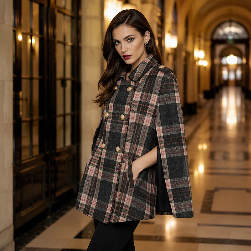 Manteau-cape à carreaux vintage pour femme