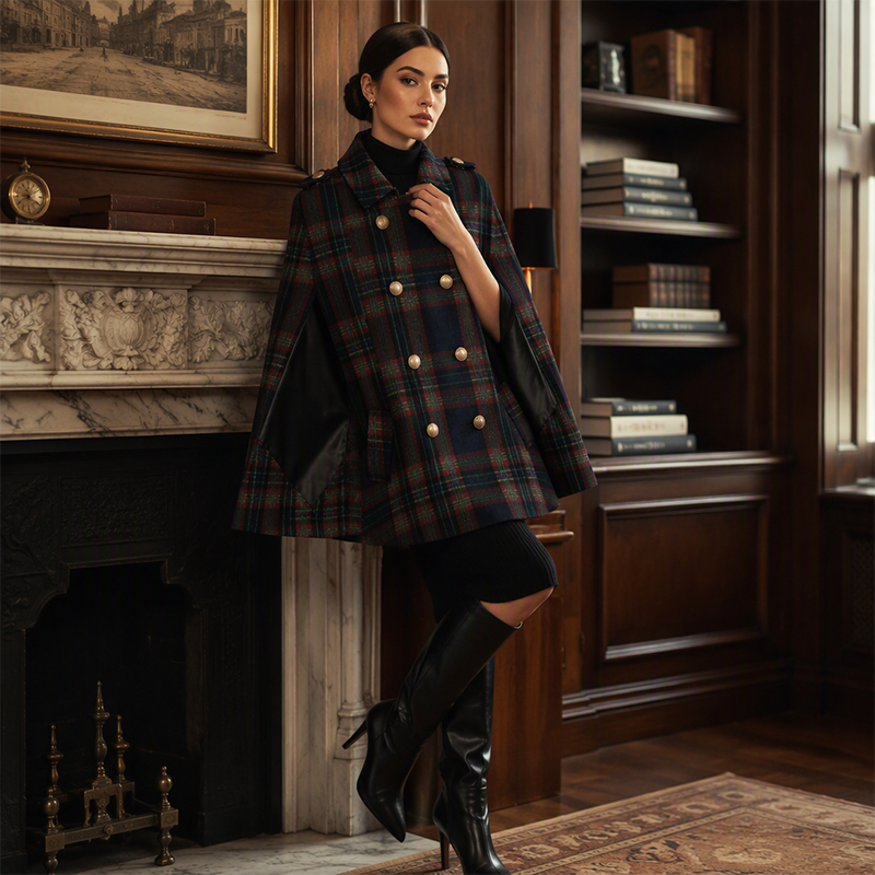 Manteau-cape à carreaux vintage pour femme