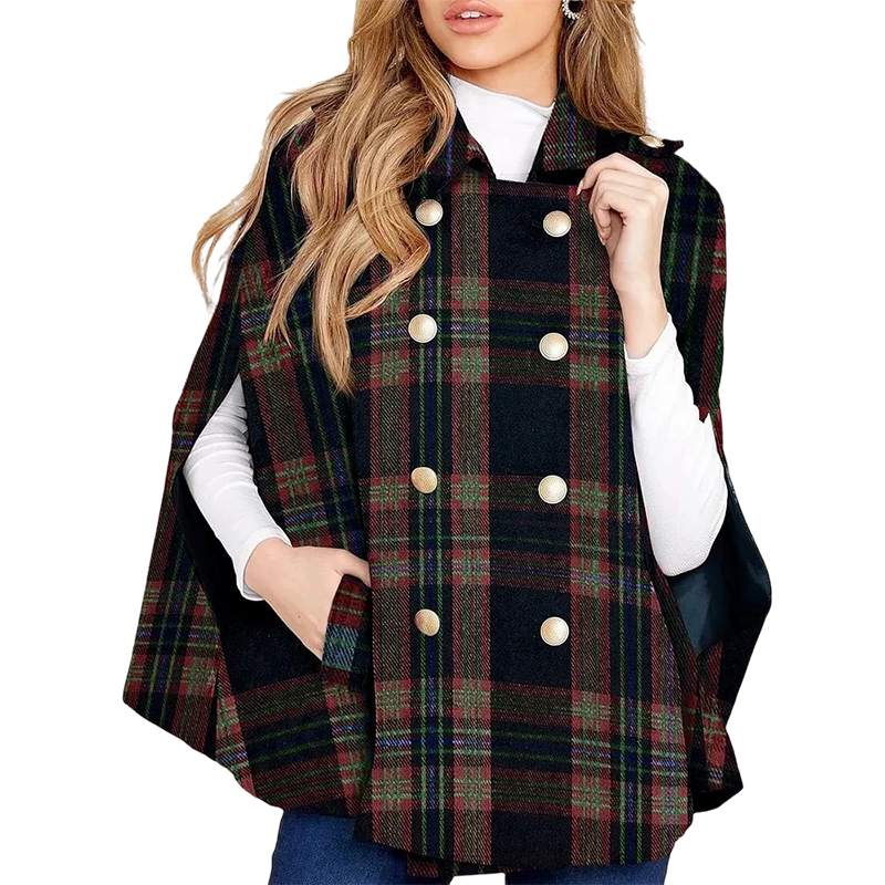Manteau-cape à carreaux vintage pour femme