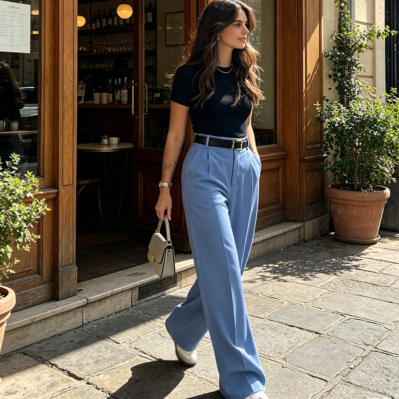 Pantalon décontracté à taille haute et coupe droite pour femme