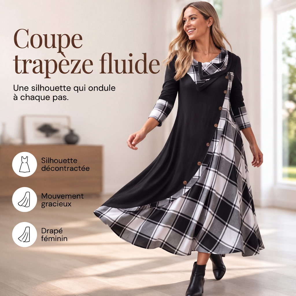 Robe longue pour femme à col cheminée et patchwork à carreaux