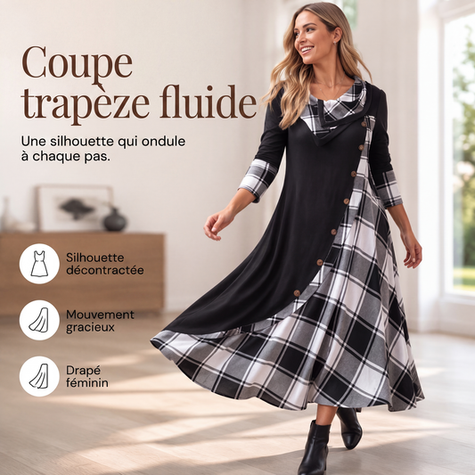 Robe longue pour femme à col cheminée et patchwork à carreaux
