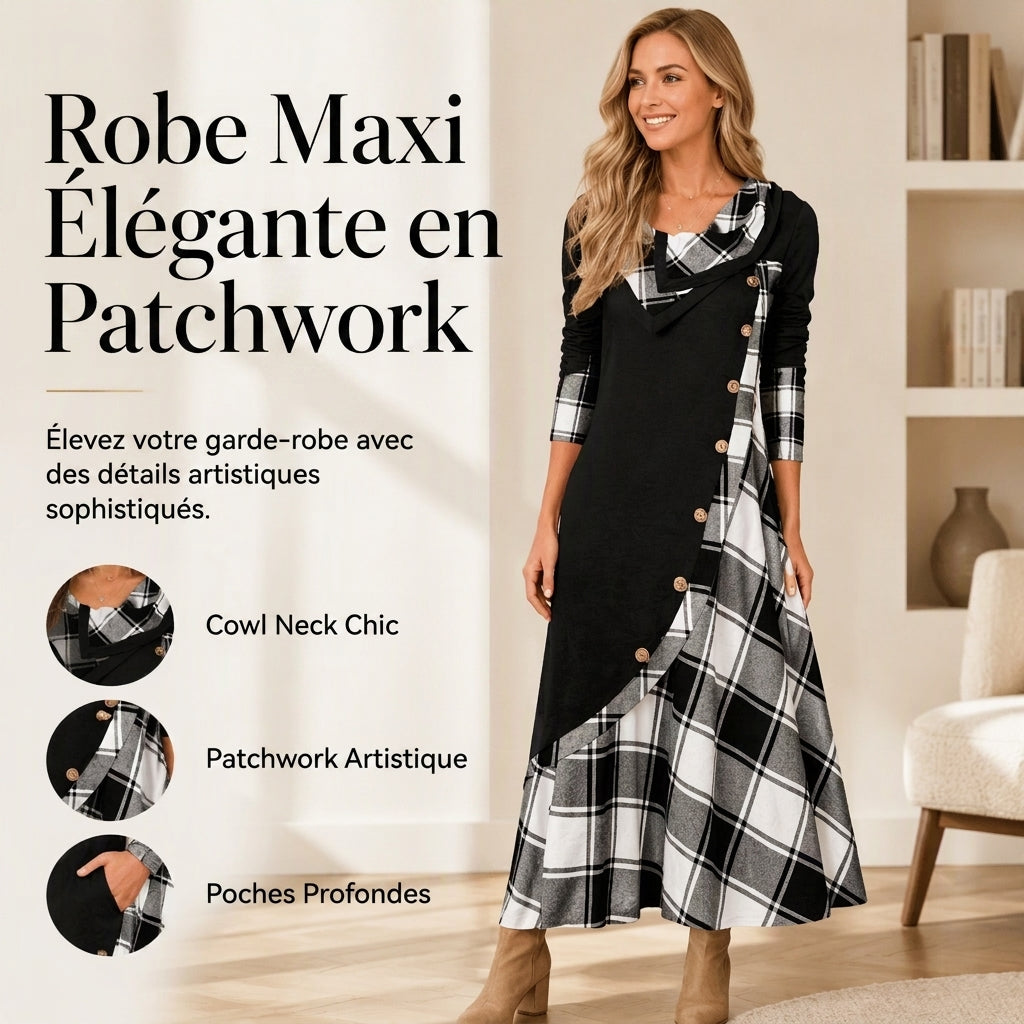 Robe longue pour femme à col cheminée et patchwork à carreaux