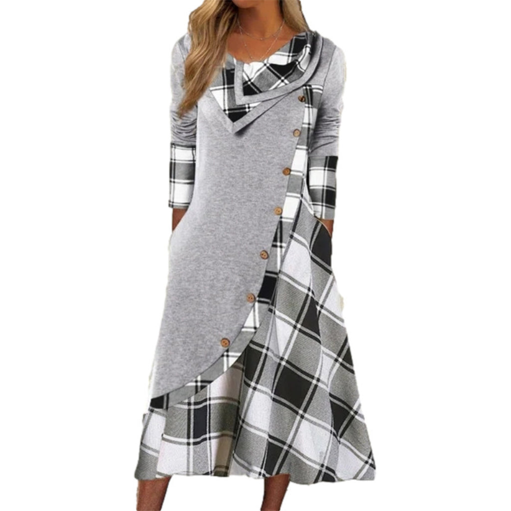 Robe longue pour femme à col cheminée et patchwork à carreaux