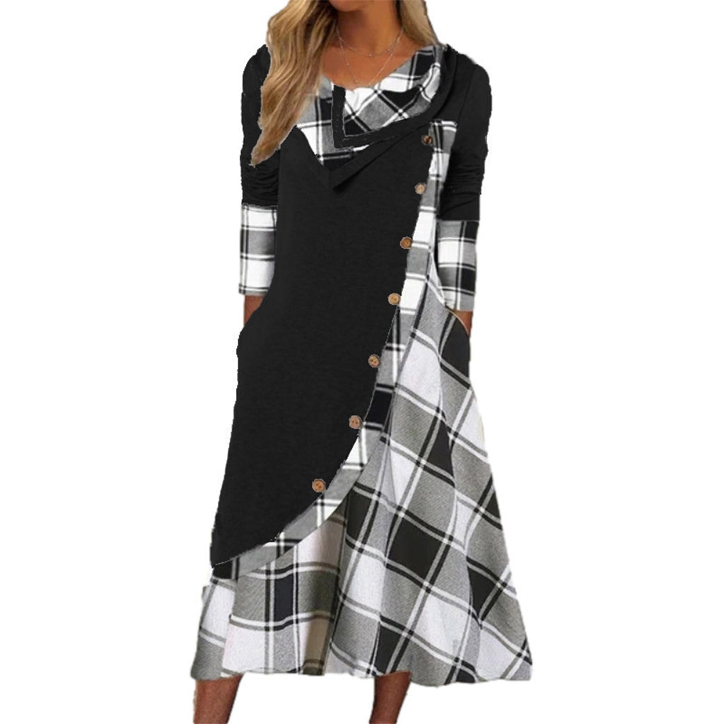 Robe longue pour femme à col cheminée et patchwork à carreaux