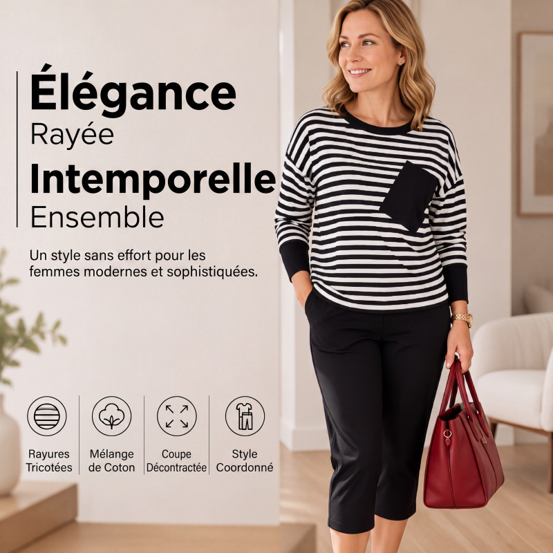 Ensemble deux pièces pour femme : haut à manches longues rayé et pantalon