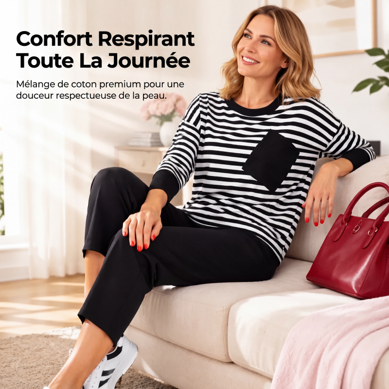 Ensemble deux pièces pour femme : haut à manches longues rayé et pantalon