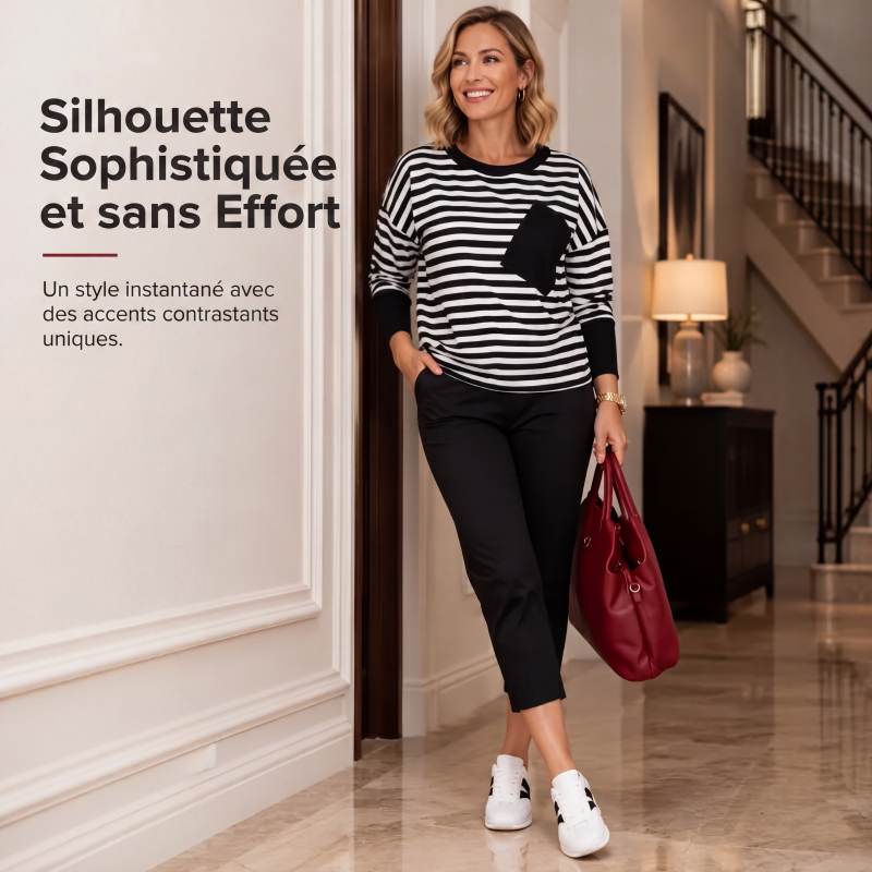 Ensemble deux pièces pour femme : haut à manches longues rayé et pantalon