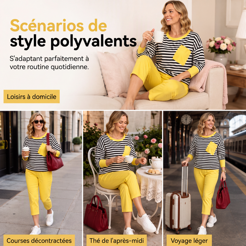 Ensemble deux pièces pour femme : haut à manches longues rayé et pantalon