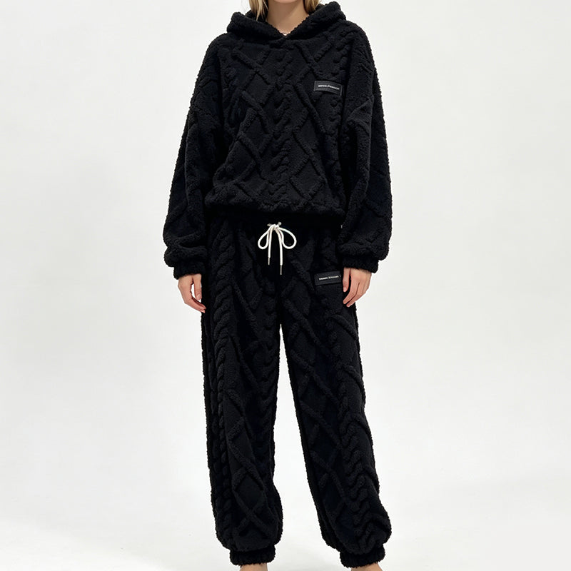 Ensemble sweat à capuche en maille torsadée pelucheuse et pantalon pour femme