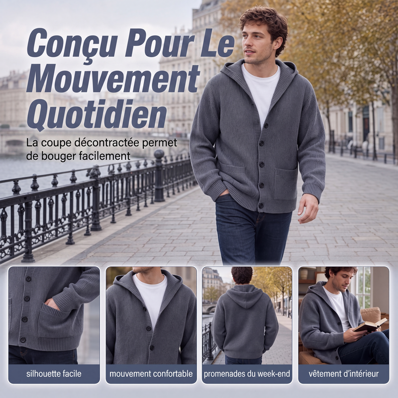 Cardigan en maille à capuche pour homme, pull/veste décontracté(e) ample à boutons
