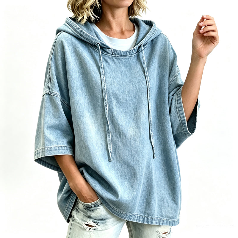 🔥 Offre Limitée -50% | Sweat à Capuche Femme Oversize Effet Denim Délavé