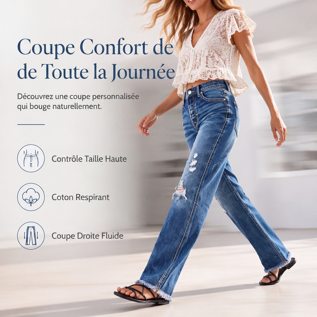 🍂 Jean droit effet usé pour femme – Une coupe flatteuse et un style automnal décontracté