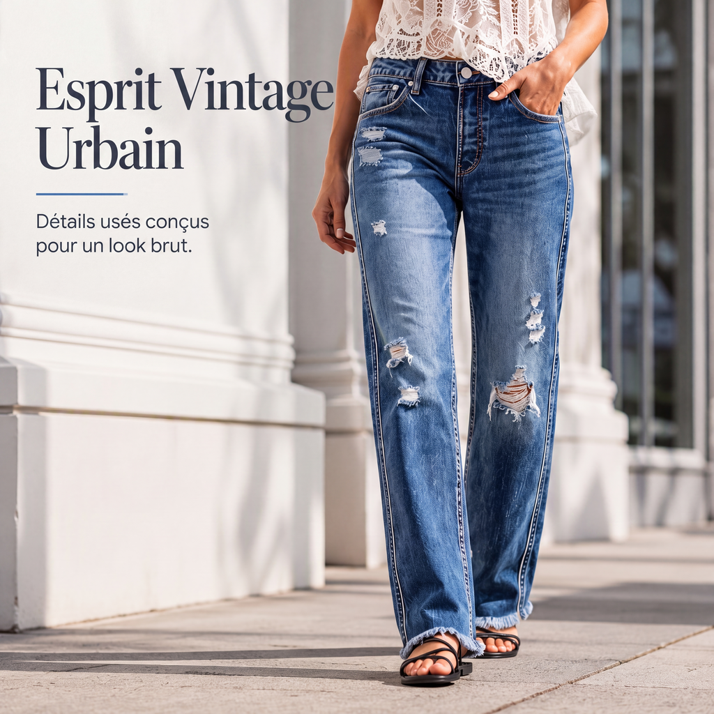 🍂 Jean droit effet usé pour femme – Une coupe flatteuse et un style automnal décontracté
