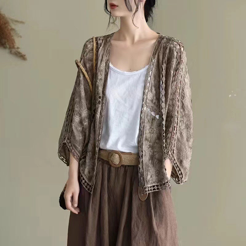 Cardigan en dentelle ajourée ample pour femme