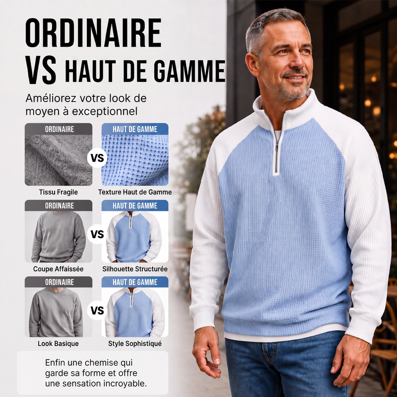 T-shirt à quart de zip en maille nid d'abeille pour hommes