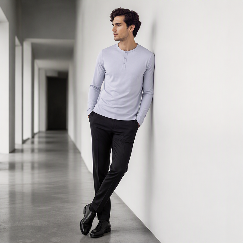 Chemise décontractée à col henley et manches longues pour homme