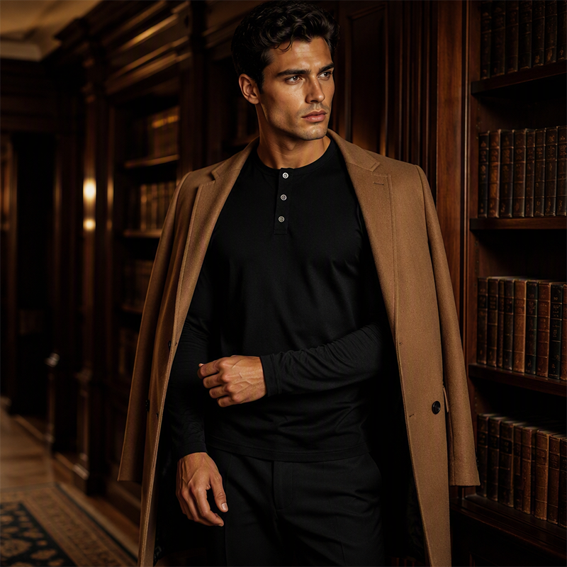 Chemise décontractée à col henley et manches longues pour homme