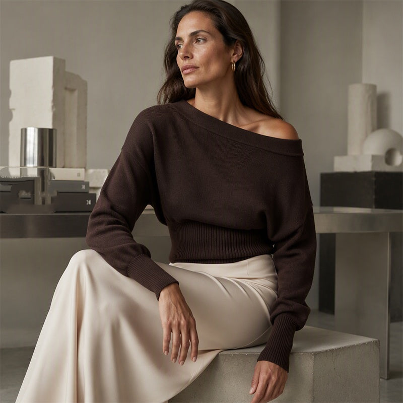 Pull en maille côtelée à épaules dénudées pour femme