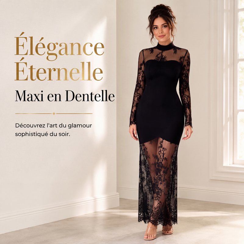 Robe longue maxi à manches longues avec empiècements en dentelle pour femme