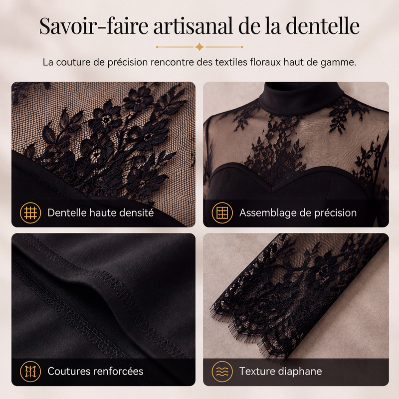 Robe longue maxi à manches longues avec empiècements en dentelle pour femme