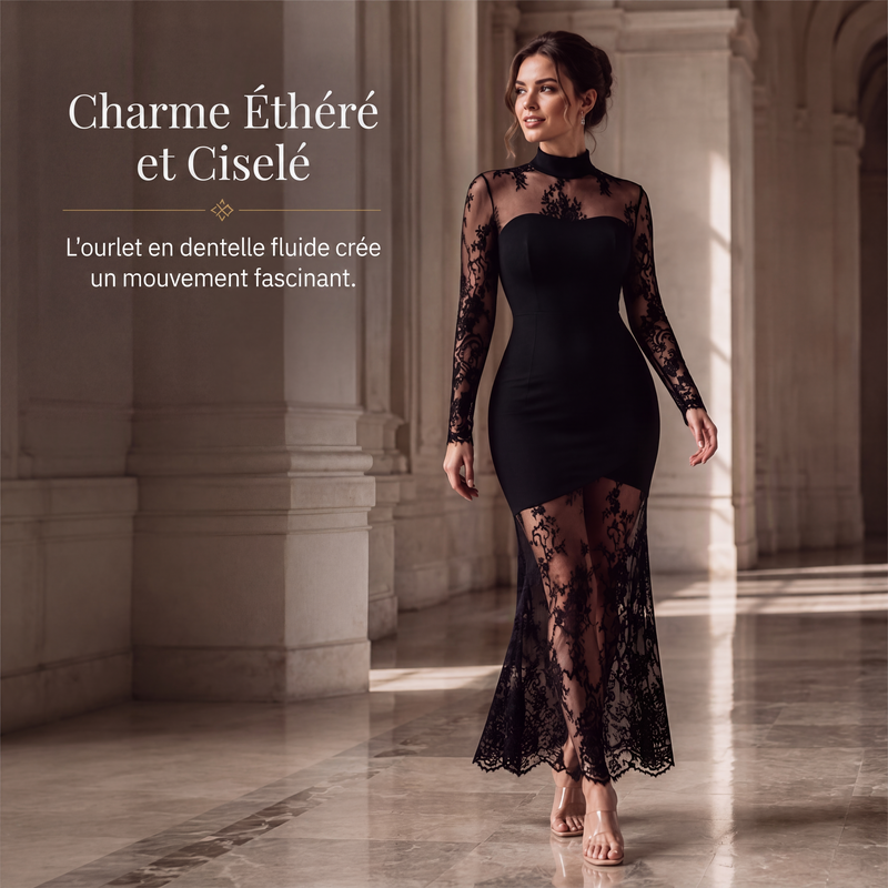 Robe longue maxi à manches longues avec empiècements en dentelle pour femme