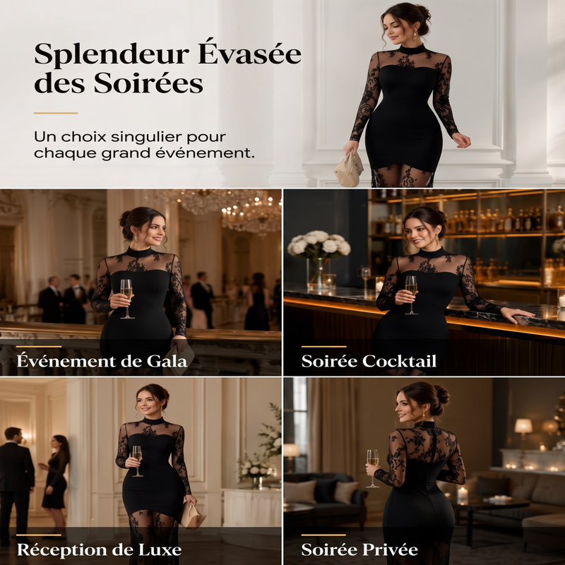 Robe longue maxi à manches longues avec empiècements en dentelle pour femme