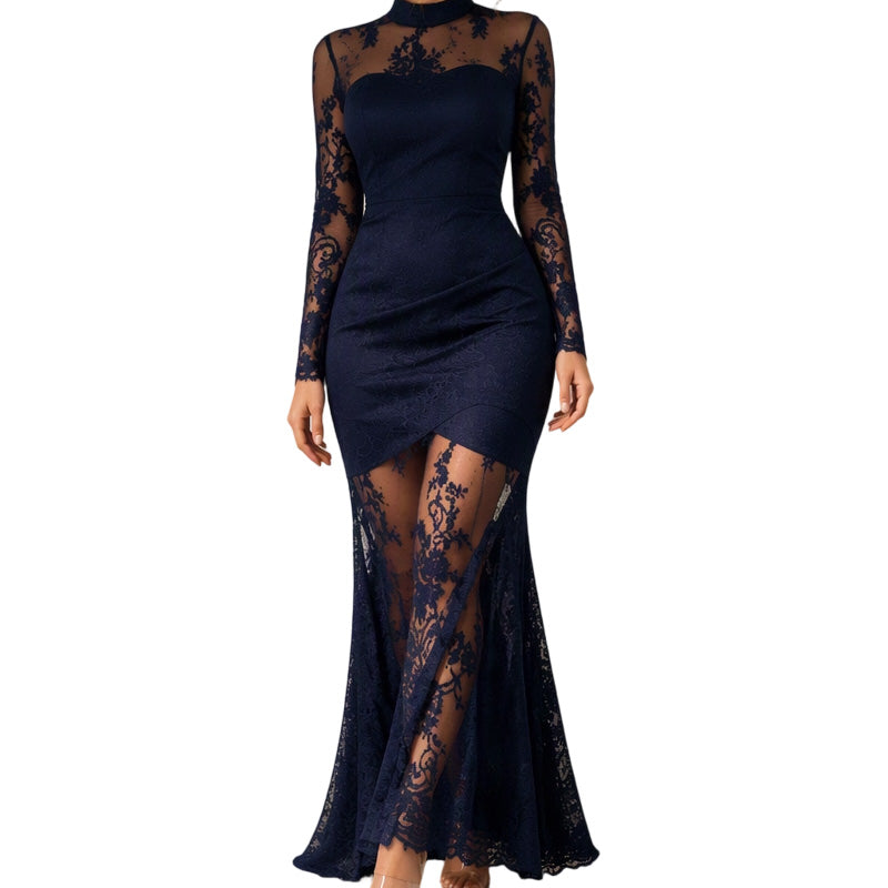 Robe longue maxi à manches longues avec empiècements en dentelle pour femme