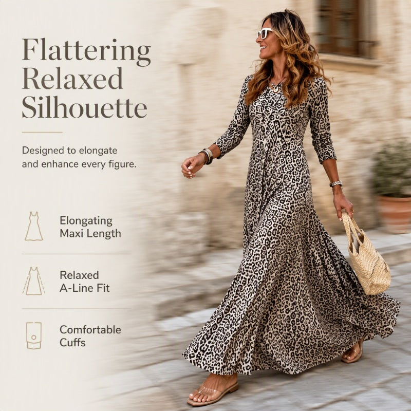 Robe longue à manches longues décontractée pour femme, imprimé léopard