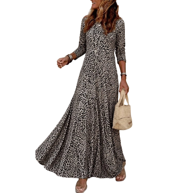 Robe longue à manches longues décontractée pour femme, imprimé léopard