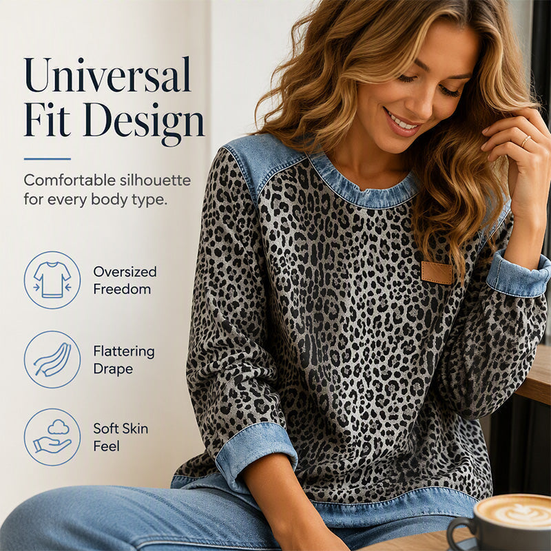 Sweat-shirt décontracté à col rond pour femme, imprimé léopard