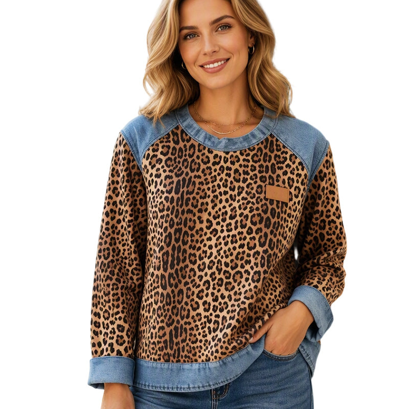 Sweat-shirt décontracté à col rond pour femme, imprimé léopard