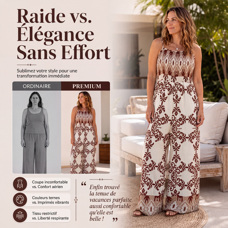 Combinaison smockée à imprimé bohème pour femme