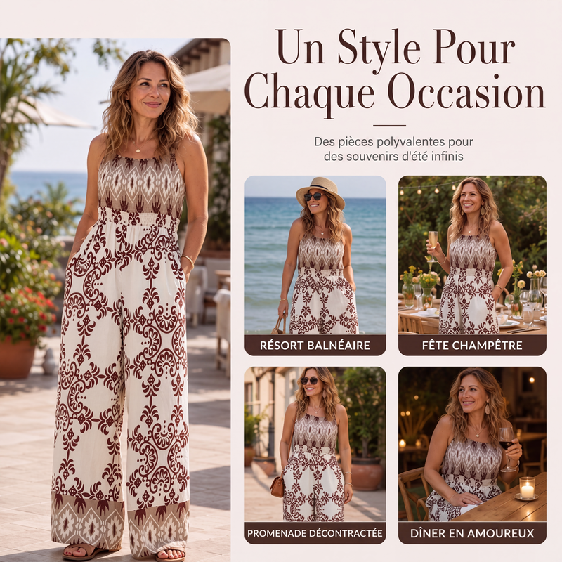 Combinaison smockée à imprimé bohème pour femme