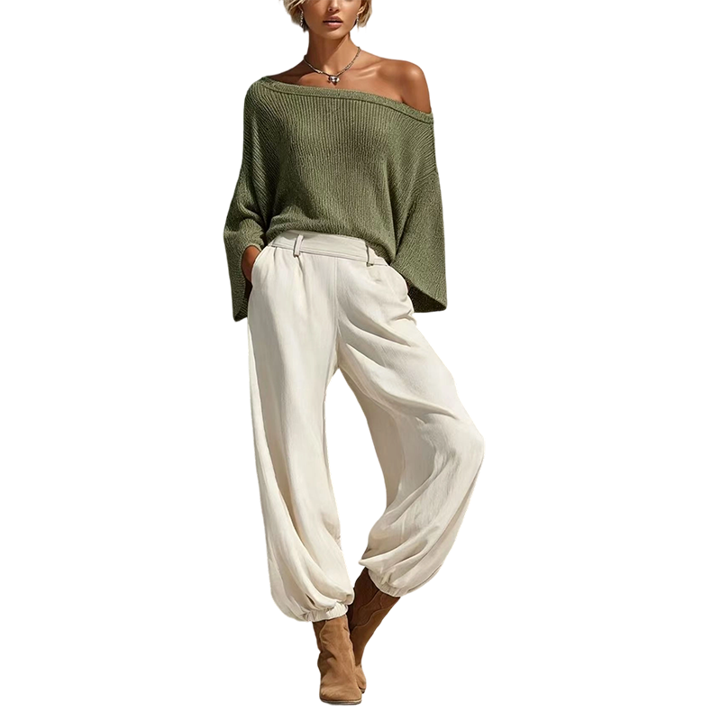 Ensemble pour femme : haut en maille à épaules dénudées et pantalon décontracté