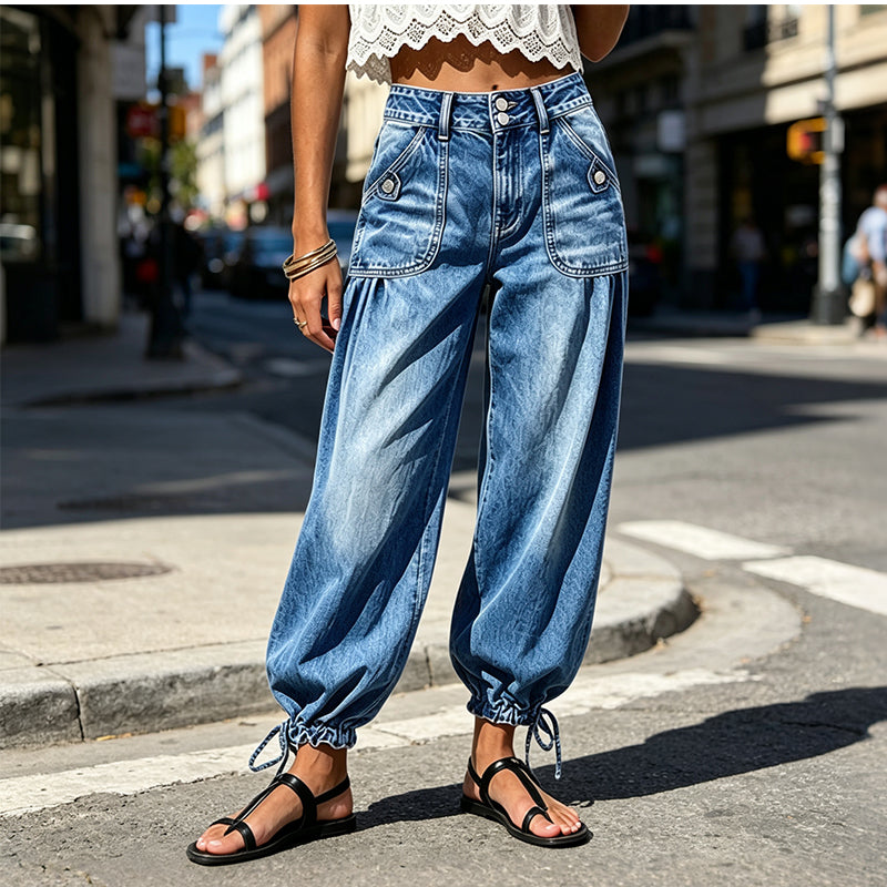 Jeans barrel extensibles taille haute pour femme