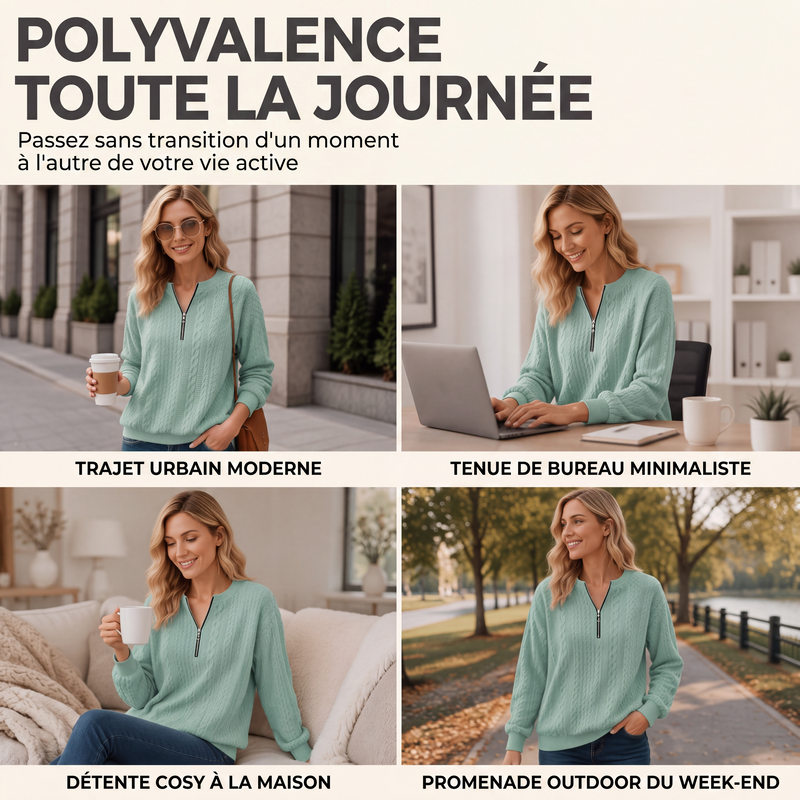Pull en maille torsadée à demi-zip pour femme