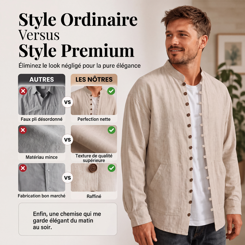 Chemise décontractée à col montant pour homme, manches longues