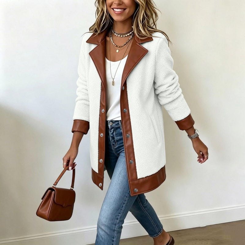 Veste en peluche à patchwork et à col revers pour femme