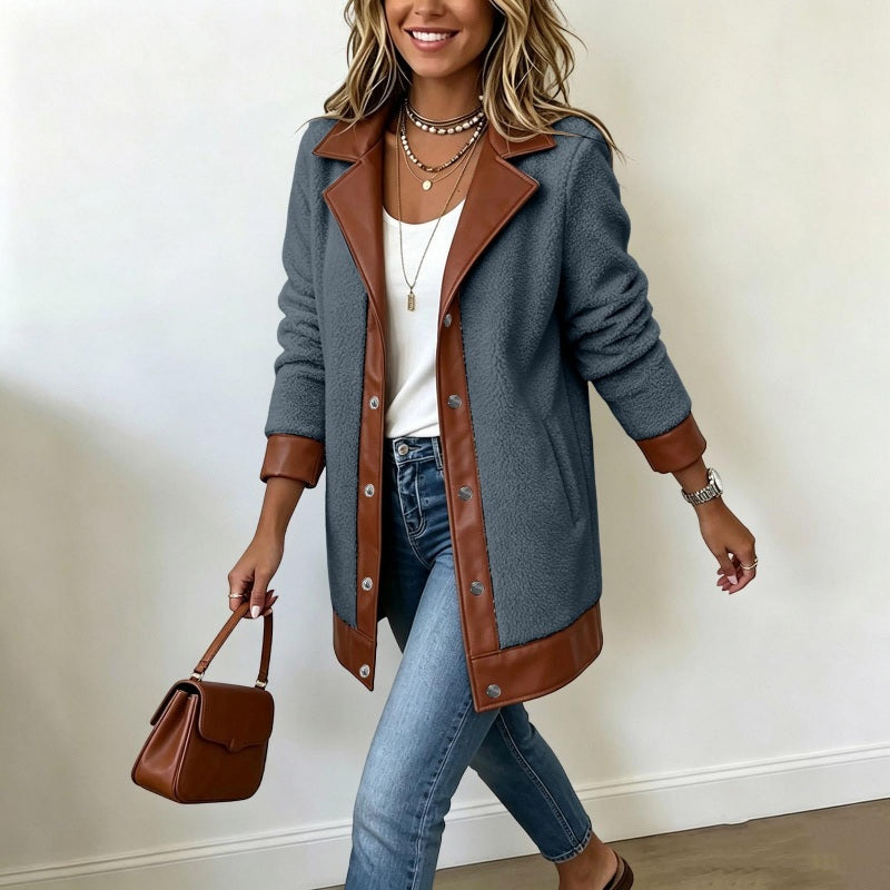 Veste en peluche à patchwork et à col revers pour femme