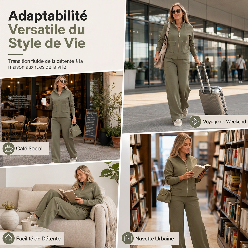 Ensemble de survêtement deux pièces pour femme en mélange de coton épais, avec veste zippée et pantalon large