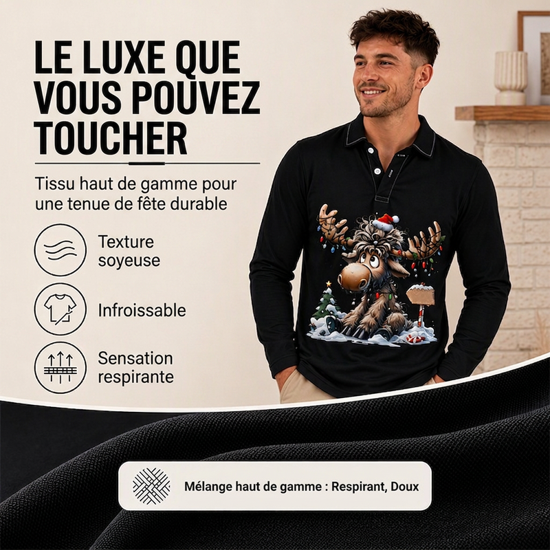 Haut à col pour homme à motif d'élan à manches longues